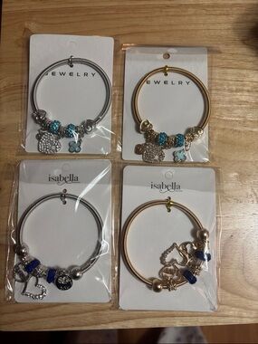 4 pack Abella Mixed Metal Charm Bangle Set with Light Blue Accents